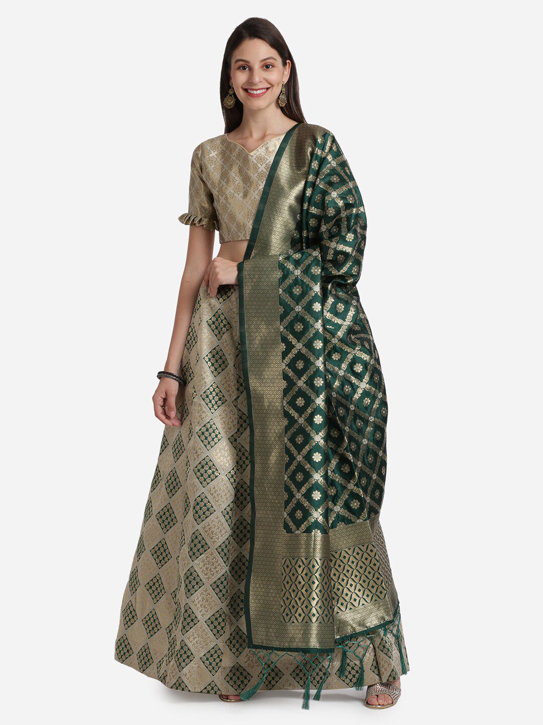 Mitera Green & Cream-Coloured Unstitched Lehenga & Blouse With Dupatta Price in India
