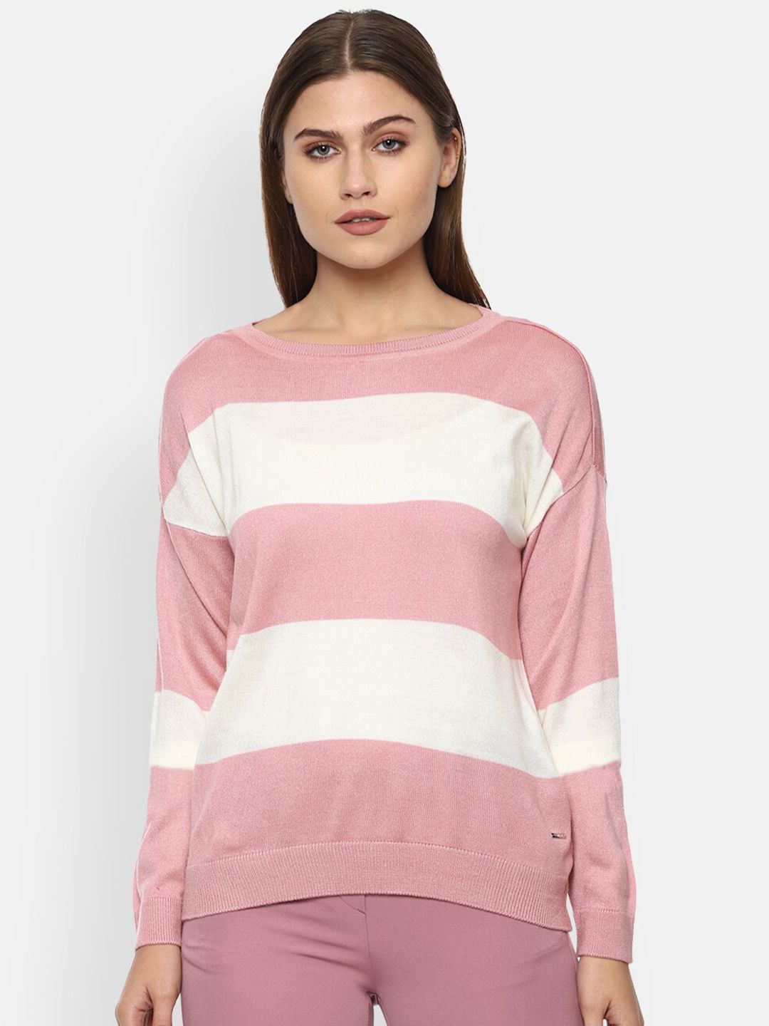 Van Heusen Woman Pink & White Striped Pullover Price in India