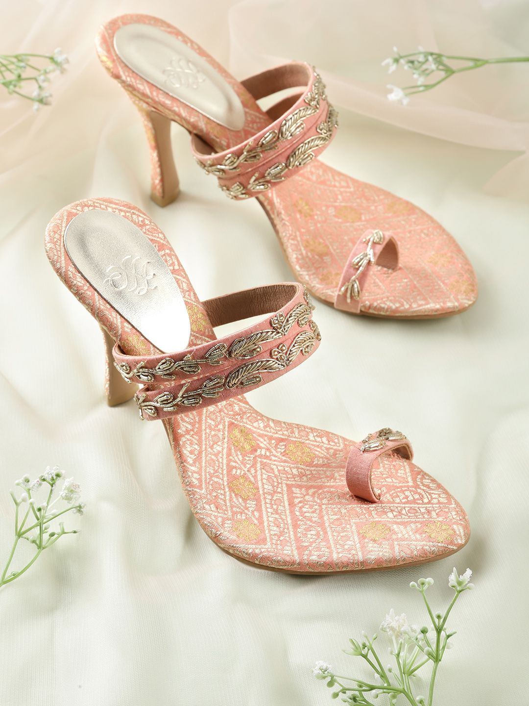 House of Pataudi Peach-Coloured & Gold-Toned Embroidered Handcrafted One Toe Slim Heels Price in India