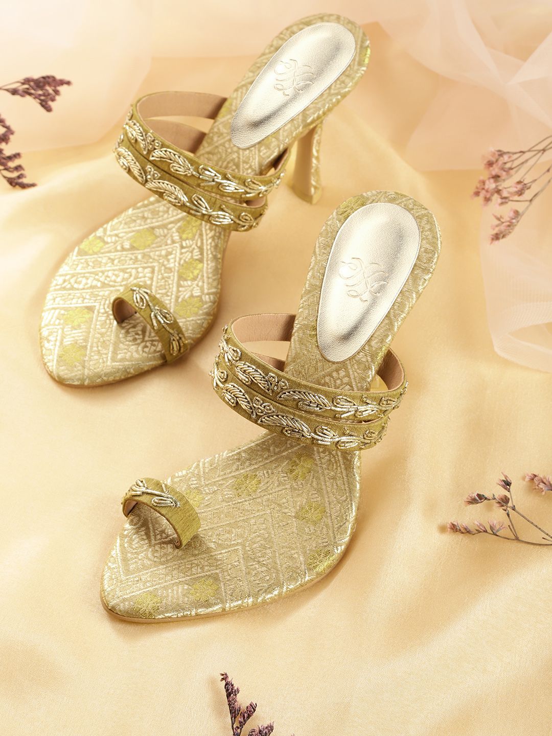 House of Pataudi Light Olive Green & Gold-Toned Embroidered Handcrafted One Toe Heels Price in India