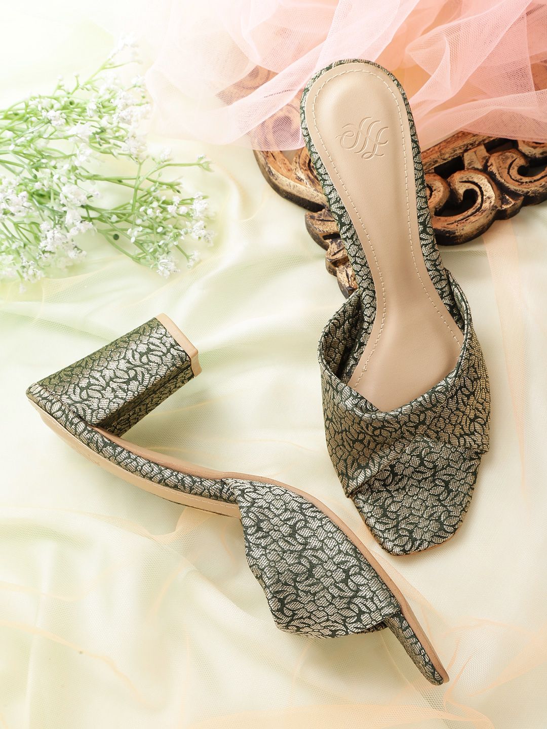 House of Pataudi Olive Green & Gold-Toned Woven Design Handcrafted Block Heels Price in India