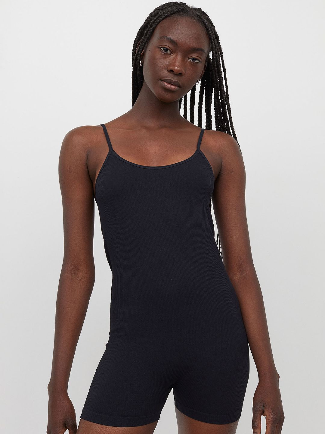 H&M Black Solid Ribbed Playsuit Price in India