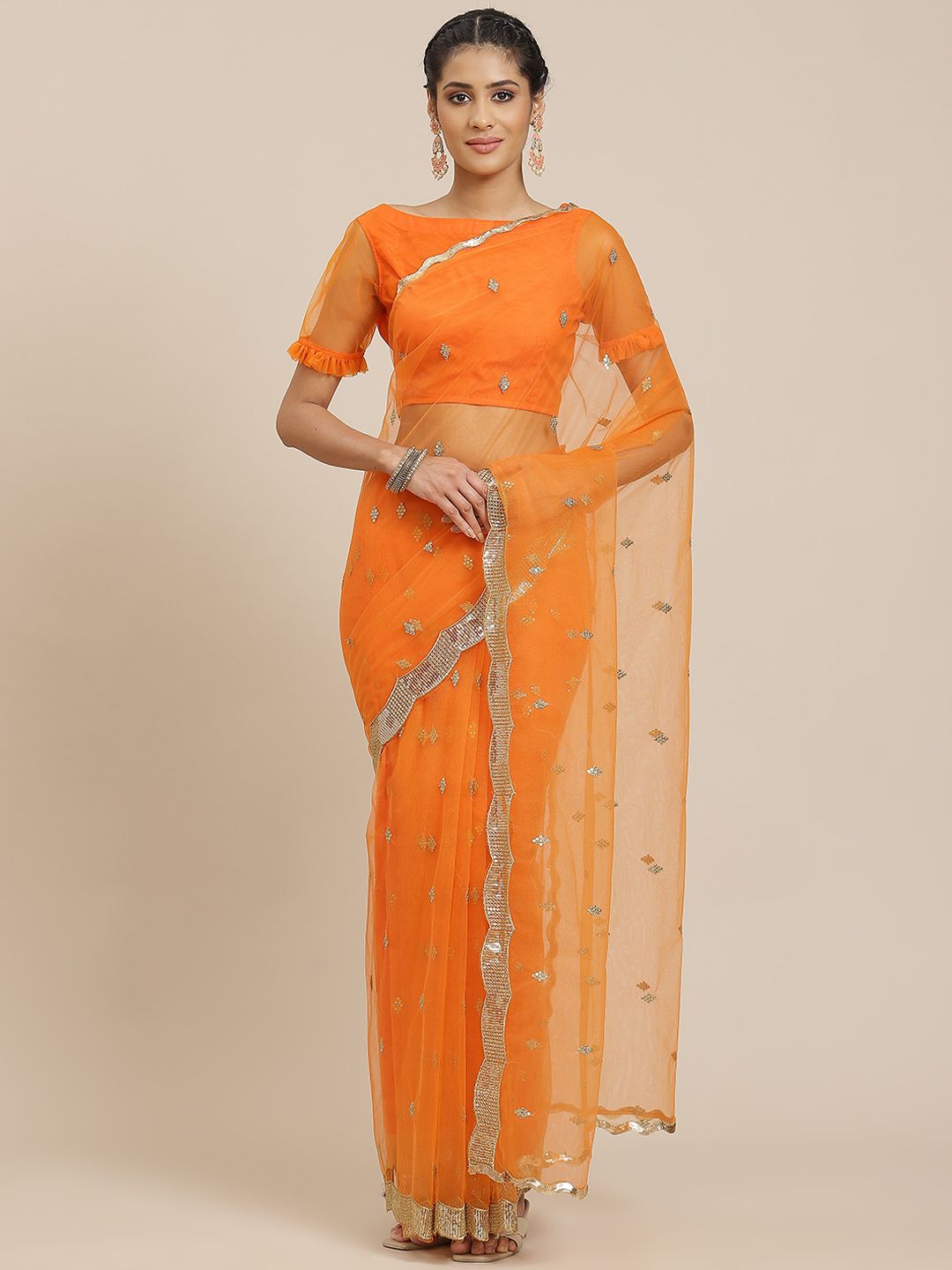 Sangria Orange & Golden Ethnic Motifs Sequinned Net Saree