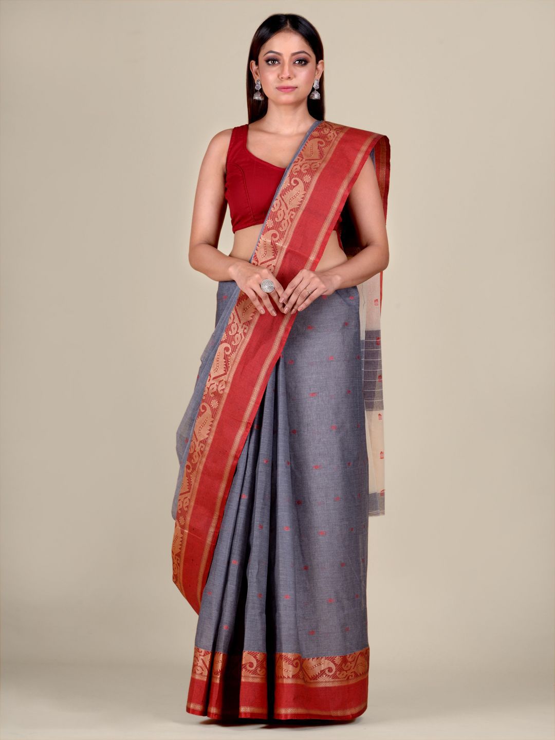 Mitera Grey & Red Paisley Zari Pure Cotton Taant Saree