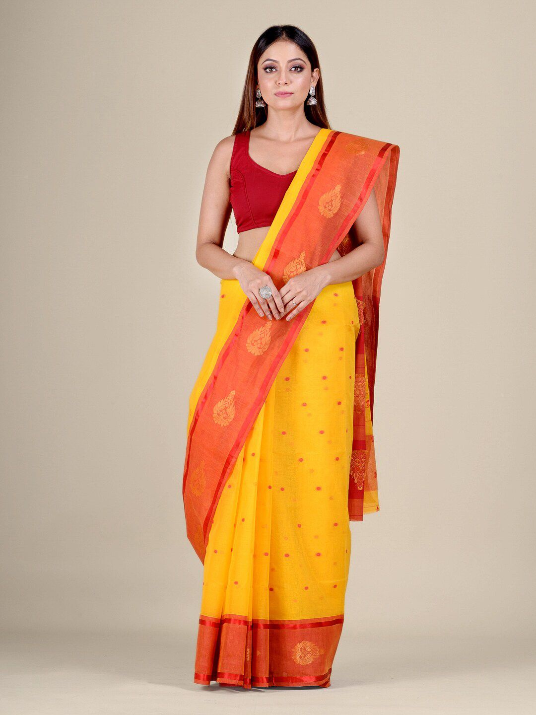 Mitera Yellow & Red Woven Design Pure Cotton Handwoven Taant Saree