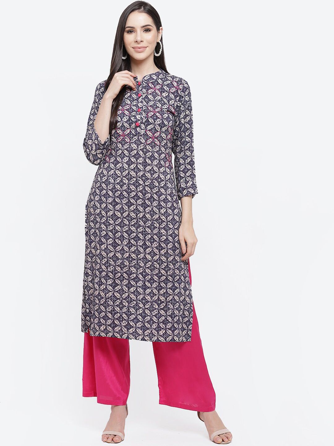 Kurti's by Menka Women Blue Rayon Geometric Printed Straight Kurta