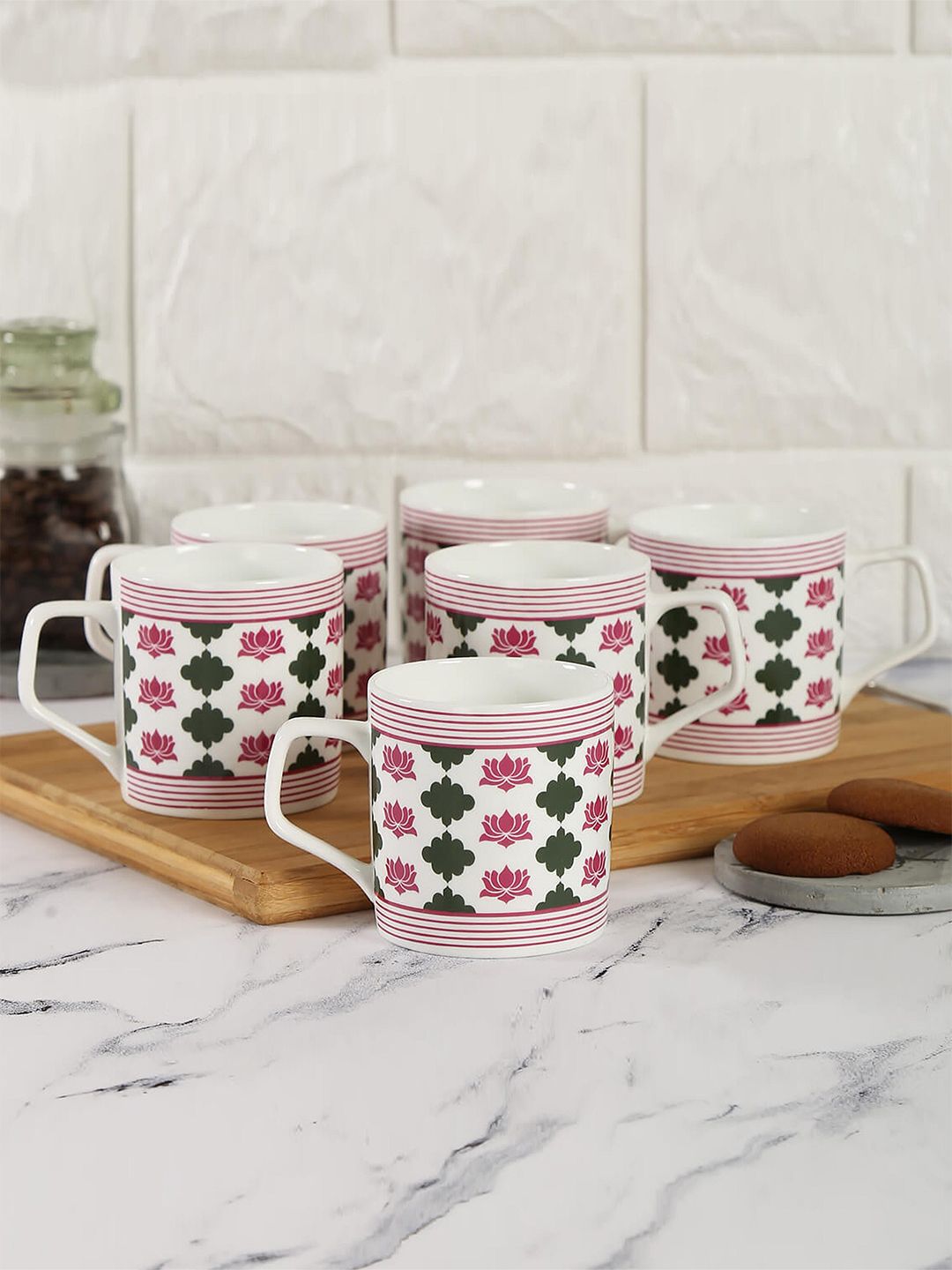 India Circus Set Of 6 White & Pink Floral Printed Ceramic Glossy Mugs Price in India