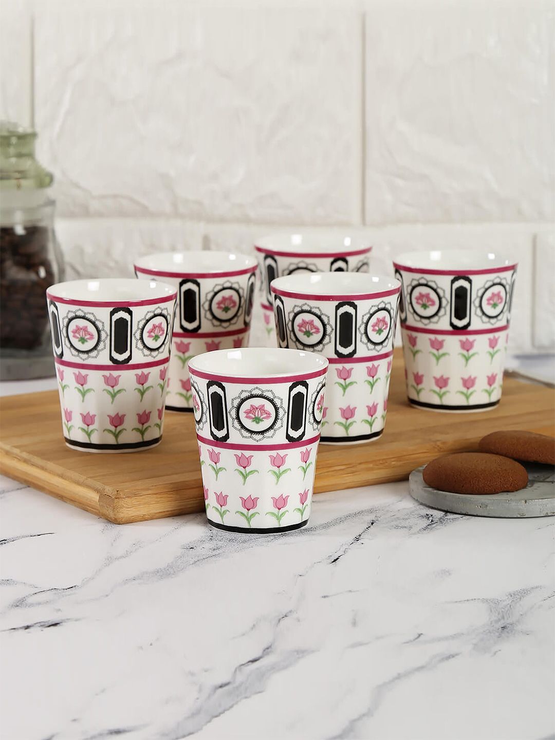 India Circus Set Of 6 White & Black Floral Printed Ceramic Glossy Tumblers Price in India