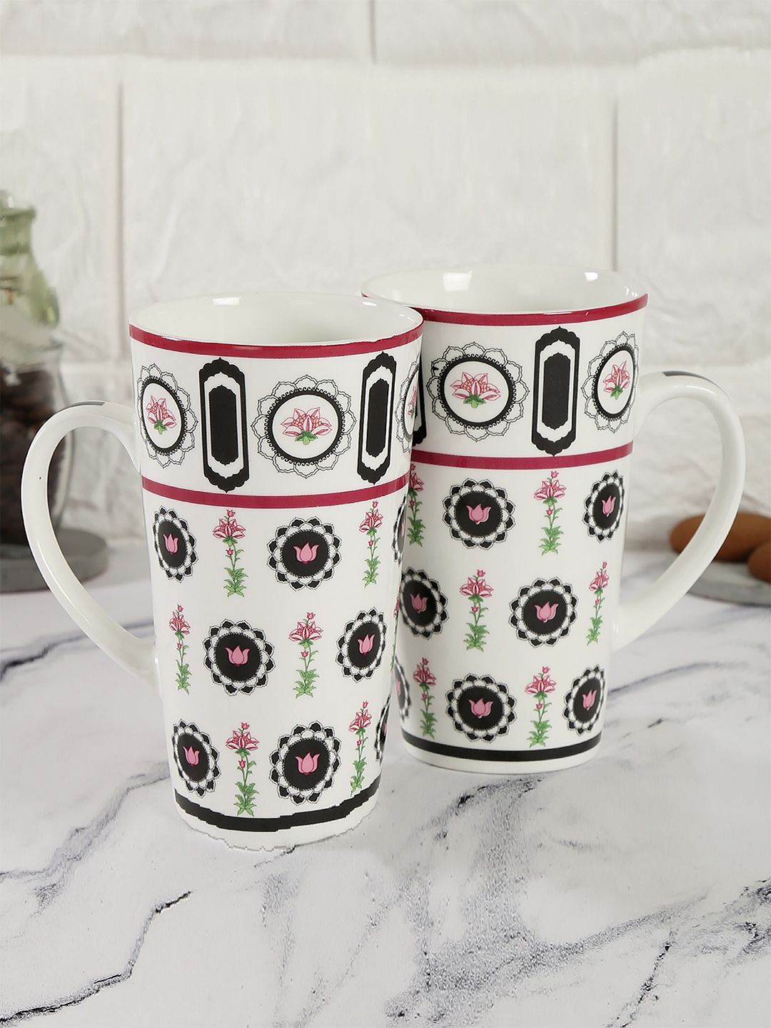 India Circus Set Of 2 White & Black Floral Printed Ceramic Glossy Mugs Price in India