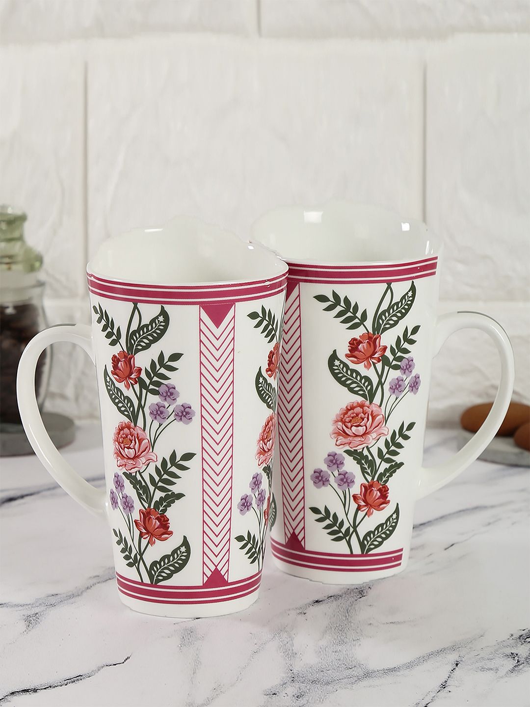 India Circus Set Of 2 White & Pink Floral Printed Ceramic Glossy Mugs Price in India