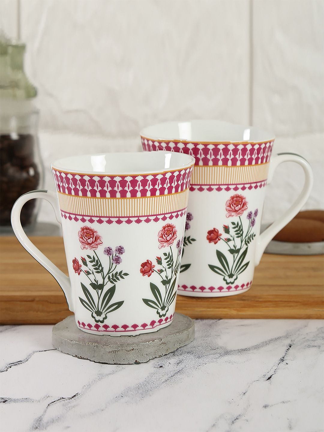 India Circus Set Of 2 White & Pink Floral Printed Ceramic Glossy Mugs Price in India