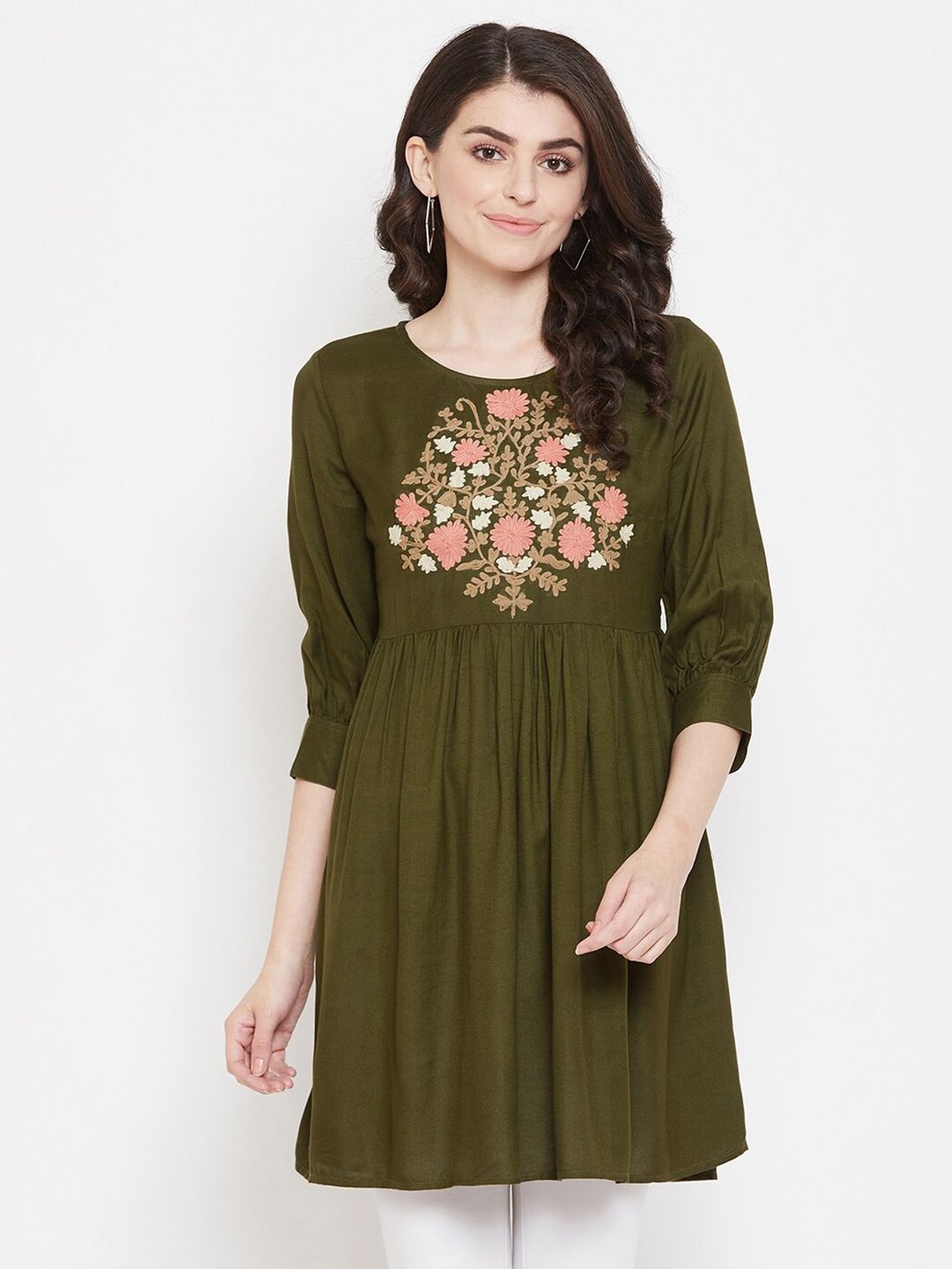 Ruhaans Women Green & Beige Viscose Rayon Floral Embroidered Tunic Price in India