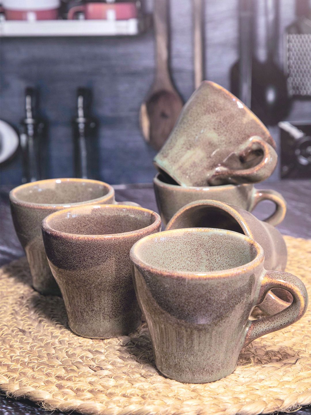 GOODHOMES Set of 6 Brown & Grey Printed Stoneware Glossy Mugs Price in India