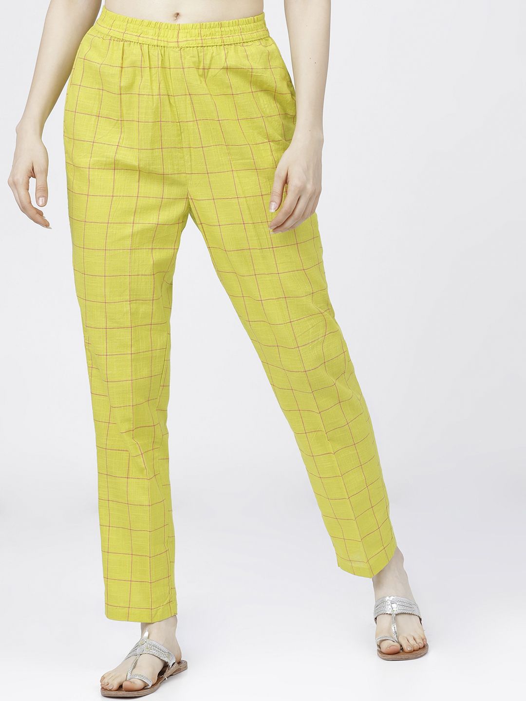 Vishudh Women Lime Green Checked Slim Fit Trousers Price in India