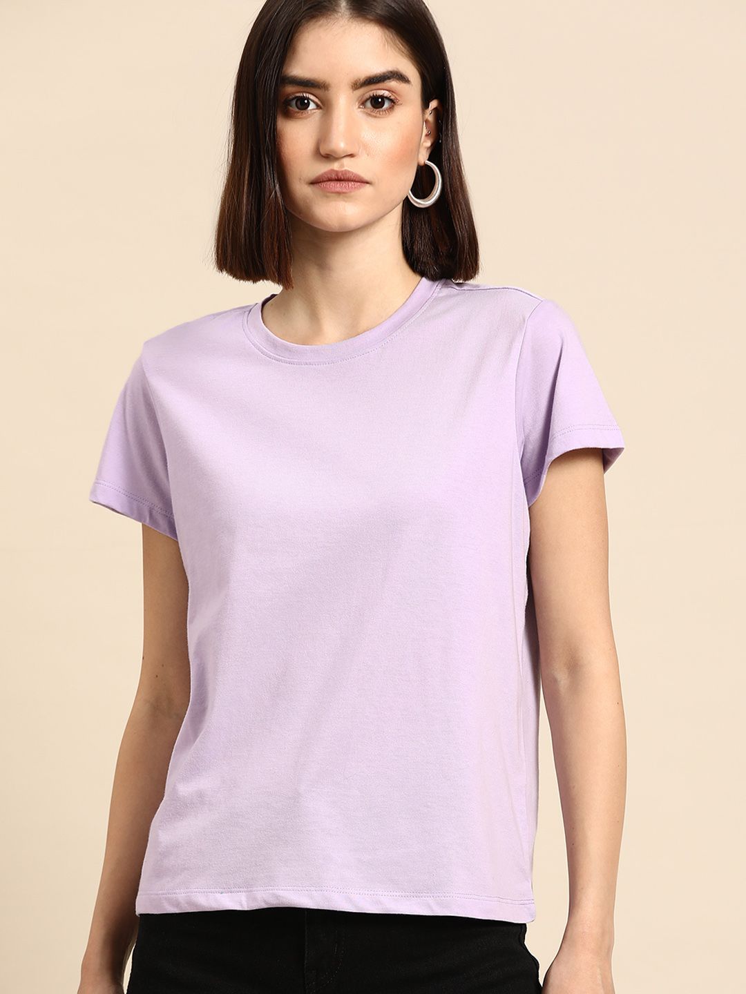 all about you Women Lavender Solid T-shirt Price in India