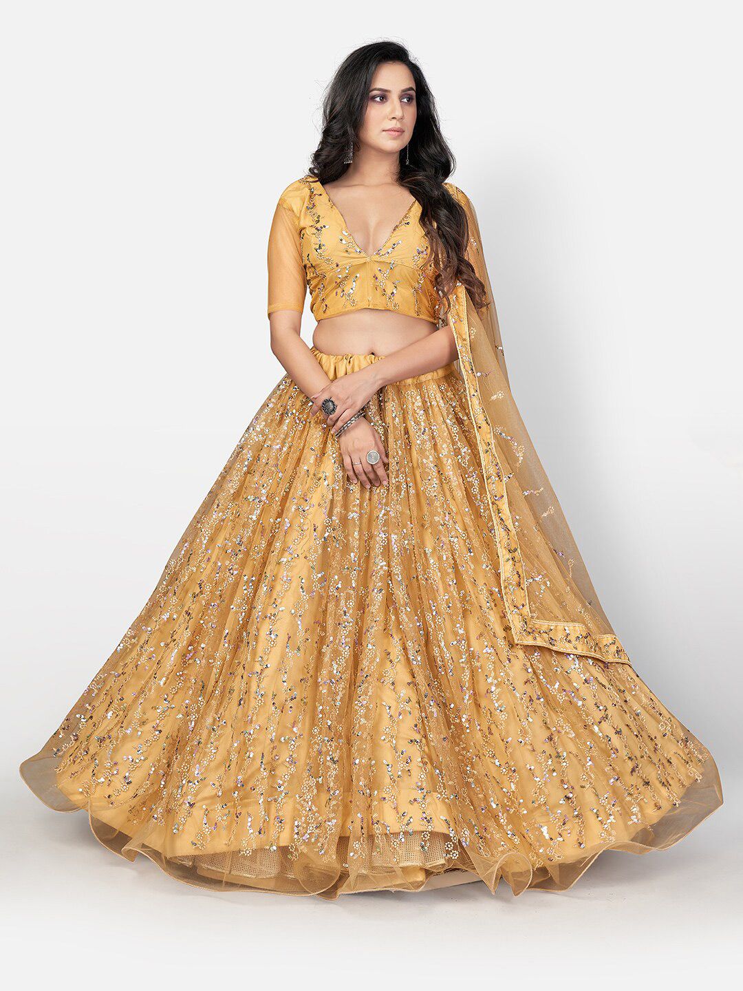 SHOPGARB Gold Embellished Sequinned Semi-Stitched Lehenga & Unstitched Blouse With Dupatta