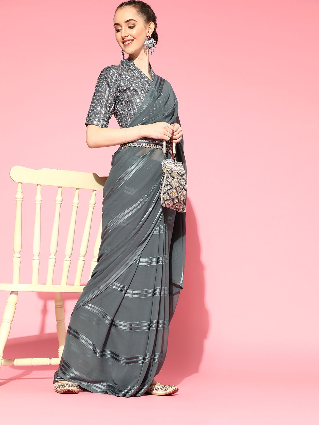 Saree mall Grey Striped Poly Georgette Party Wear Saree with Matching Blouse Price in India
