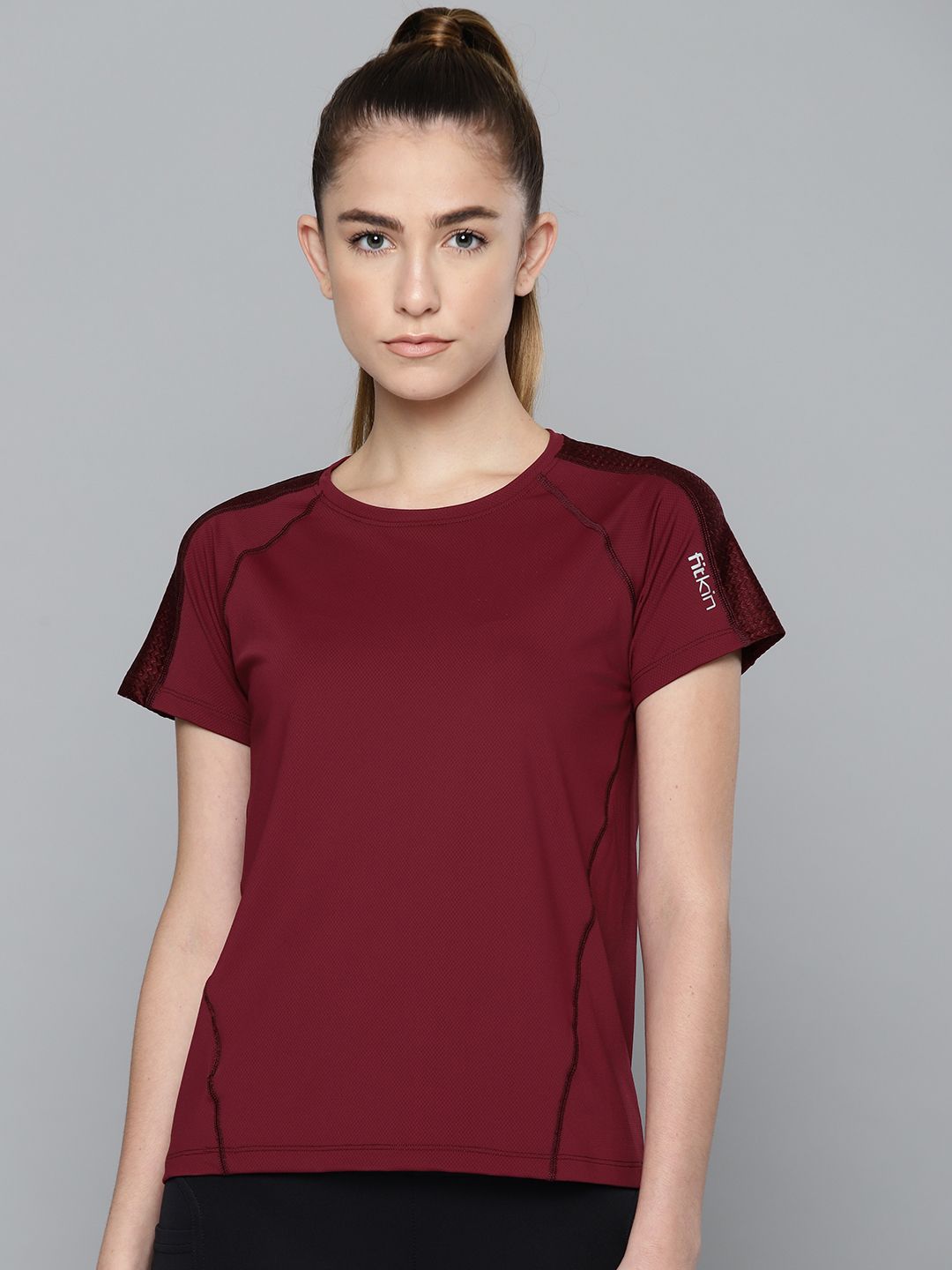 Fitkin Women Wine Coloured Training or Gym T-shirt With Design Sleeves Price in India