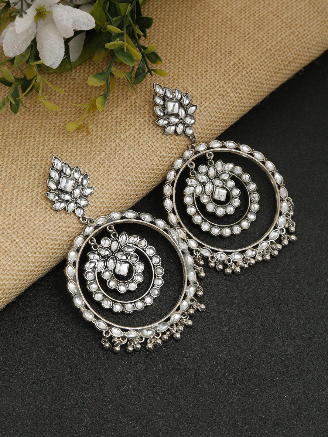 NEUDIS Silver-Plated Oxidized Handcrafted Mirror Work Circular Shaped Drop Earrings Price in India