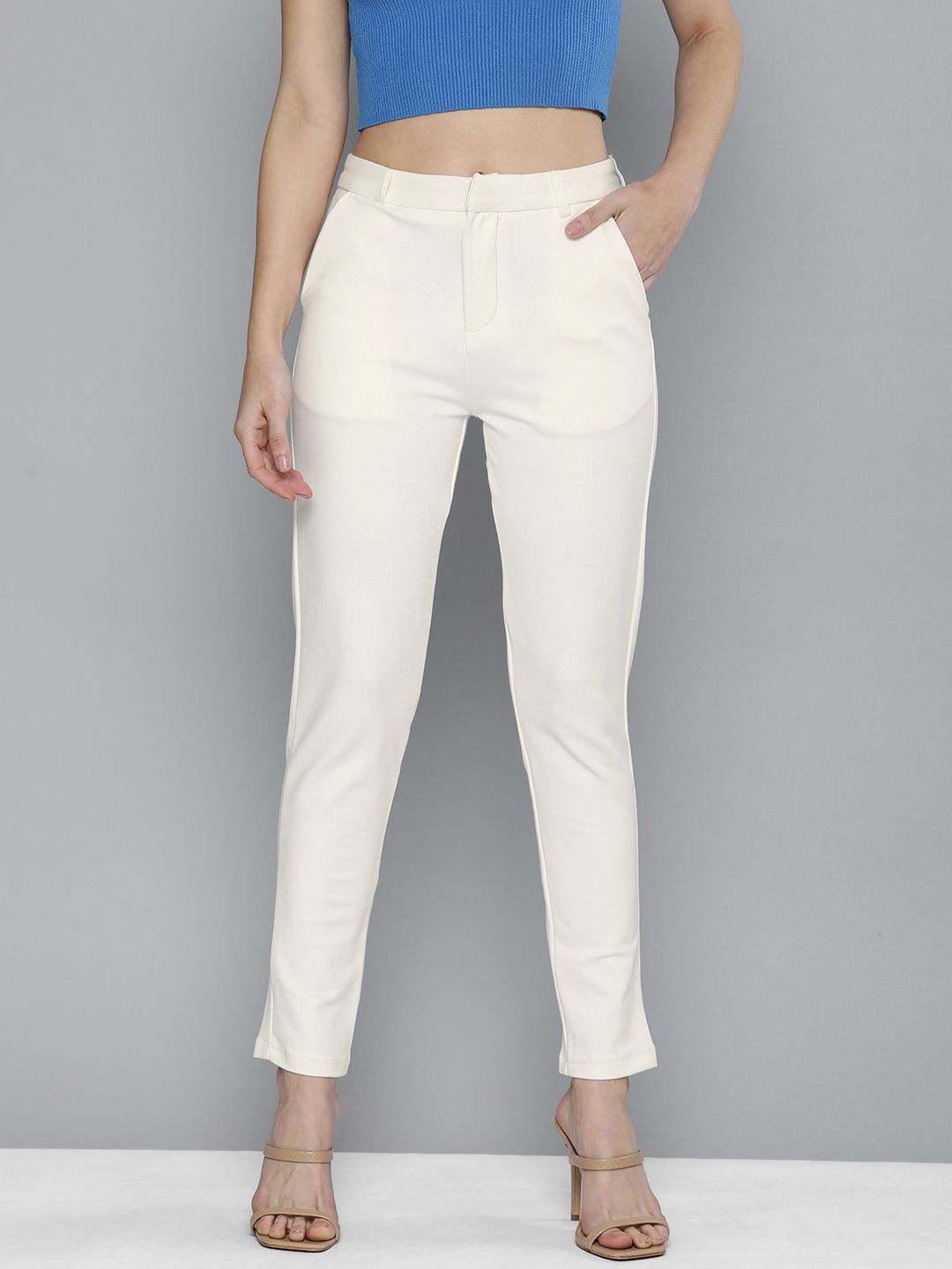 Tokyo Talkies Women Off White Solid Slim Fit Trousers Price in India