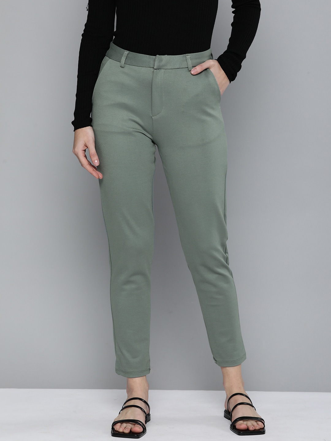 Tokyo Talkies Women Dusty Green Solid Slim Fit Trousers Price in India