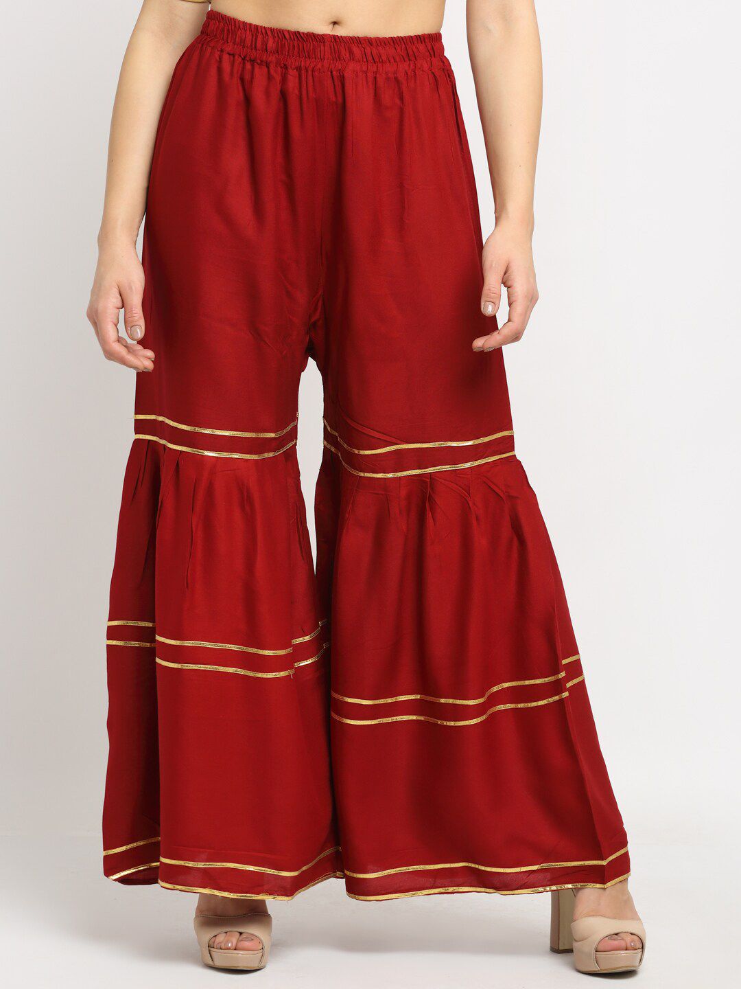 NEUDIS Women Maroon & Gold-Toned Flared Gotta Patti Design Detail Ethnic Palazzos Price in India