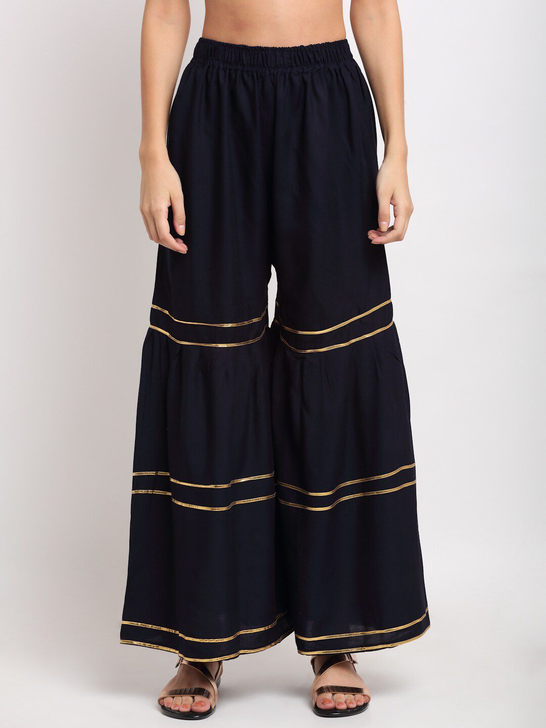 NEUDIS Women Navy Blue & Gold Gotta Patti Work Flared Ethnic Palazzos Price in India