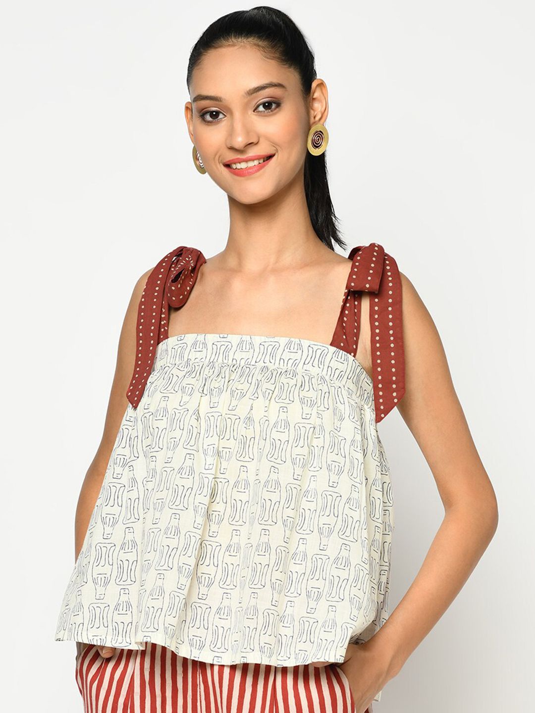Fabindia White & Blue Conversational Printed Shoulder Strap Regular Top