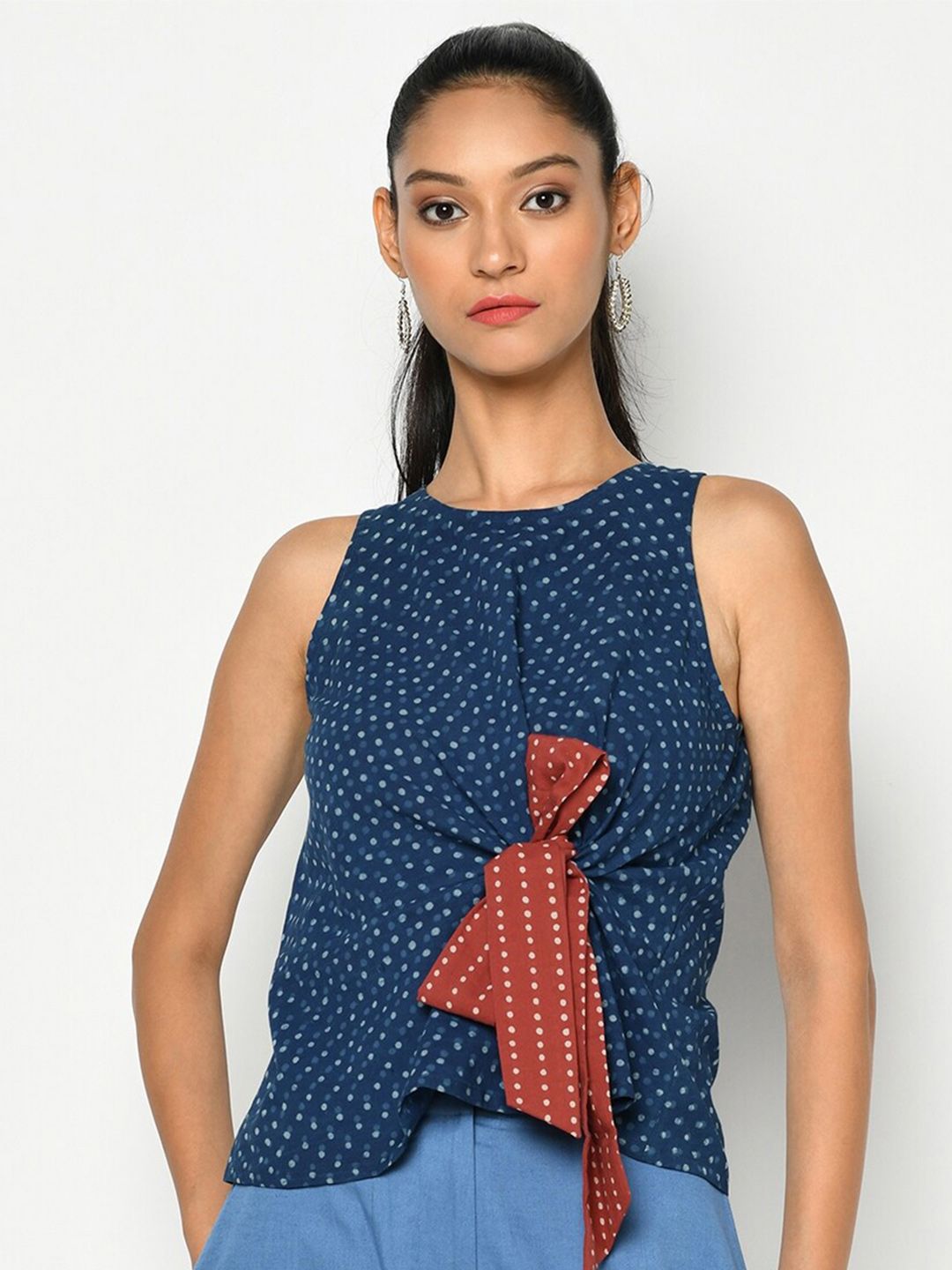 Fabindia Navy Blue & Brown Polka Dots Printed Pure Cotton Regular Top