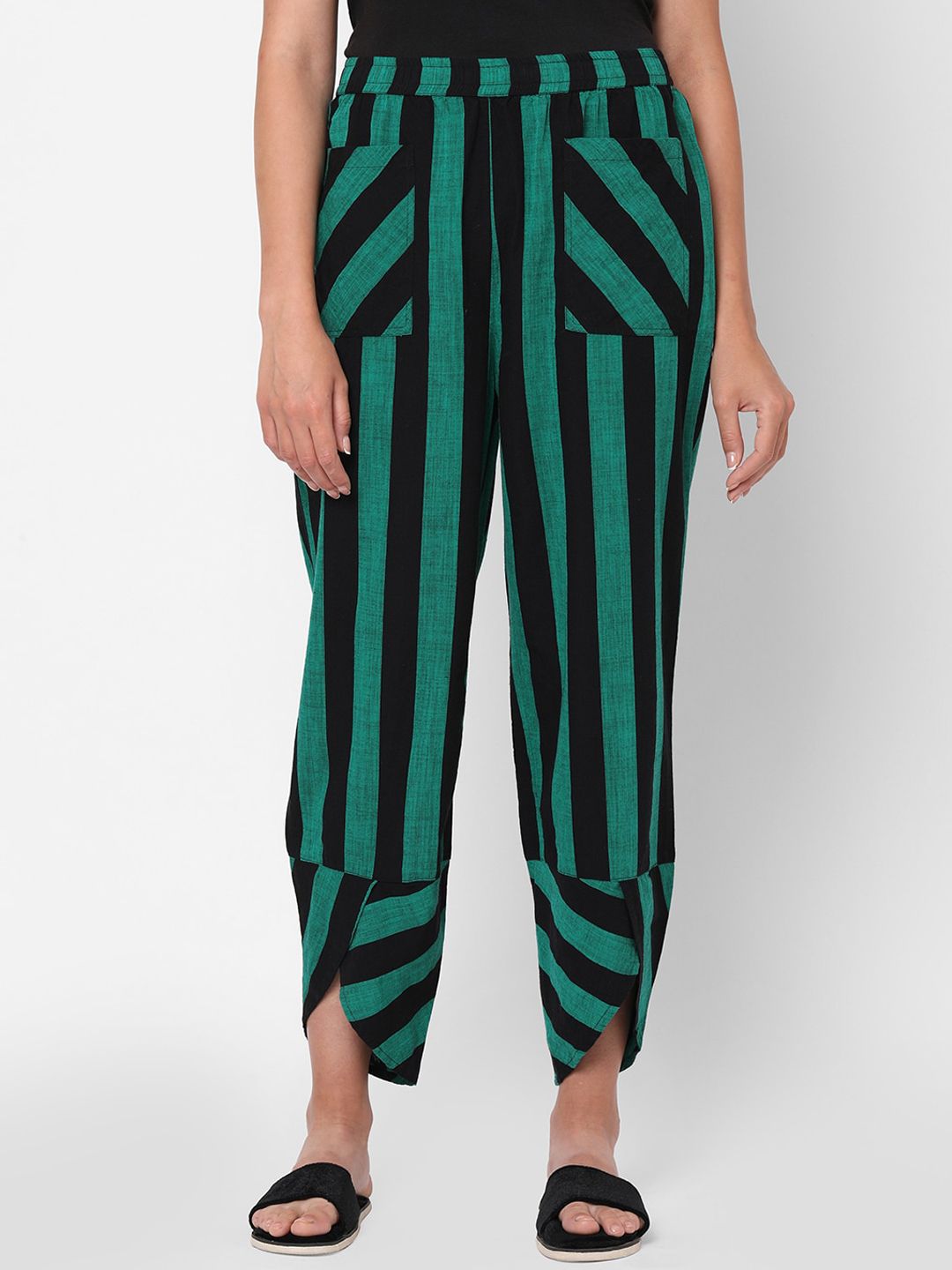 Mystere Paris Women Green & Black Striped Cotton Lounge Pants Price in India