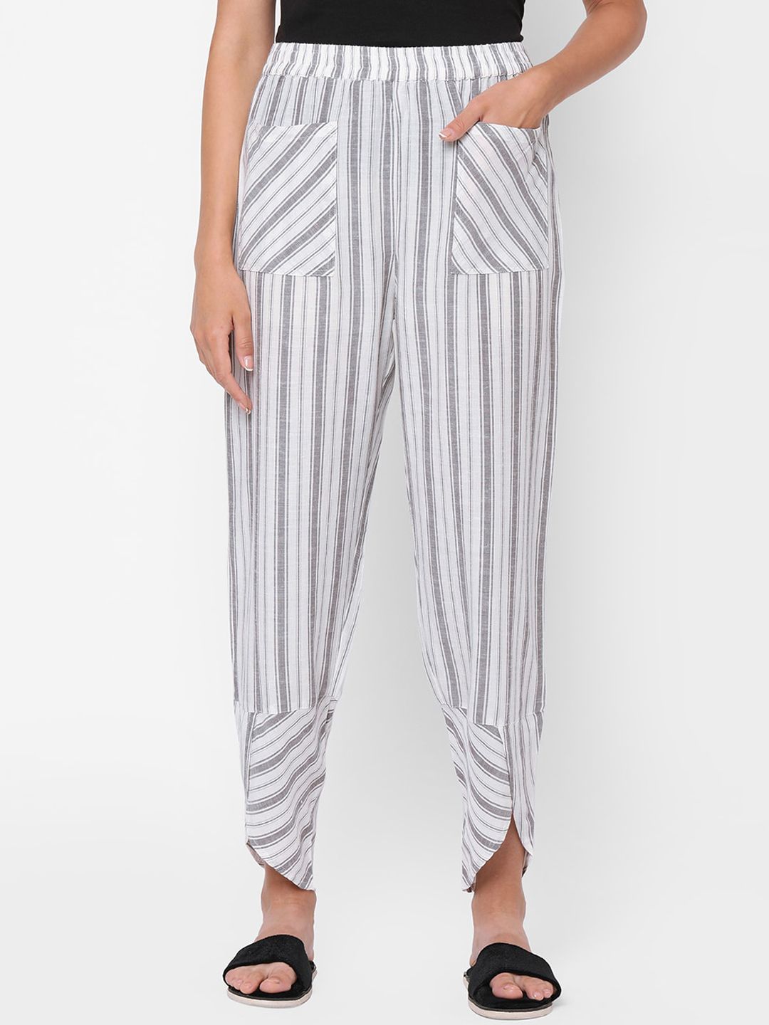 Mystere Paris White & Grey Elegant Striped Cotton Lounge Pants Price in India