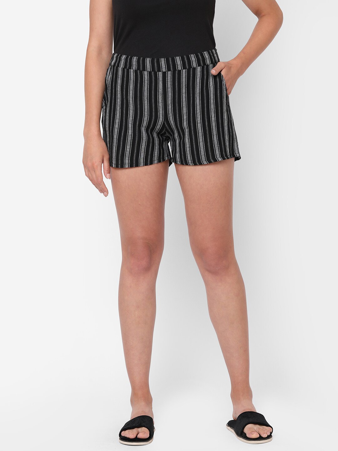 Mystere Paris Women Black & Grey Striped Lounge Shorts Price in India