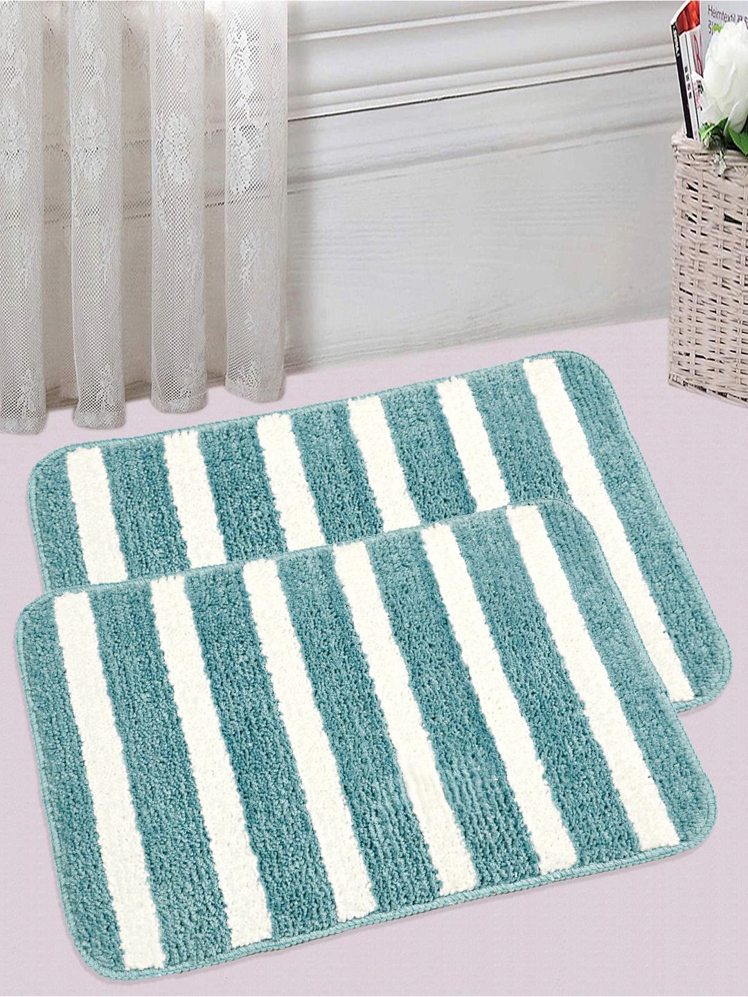Saral Home Set of 2 Turquoise Blue & White Striped 833 GSM Bathmats Price in India