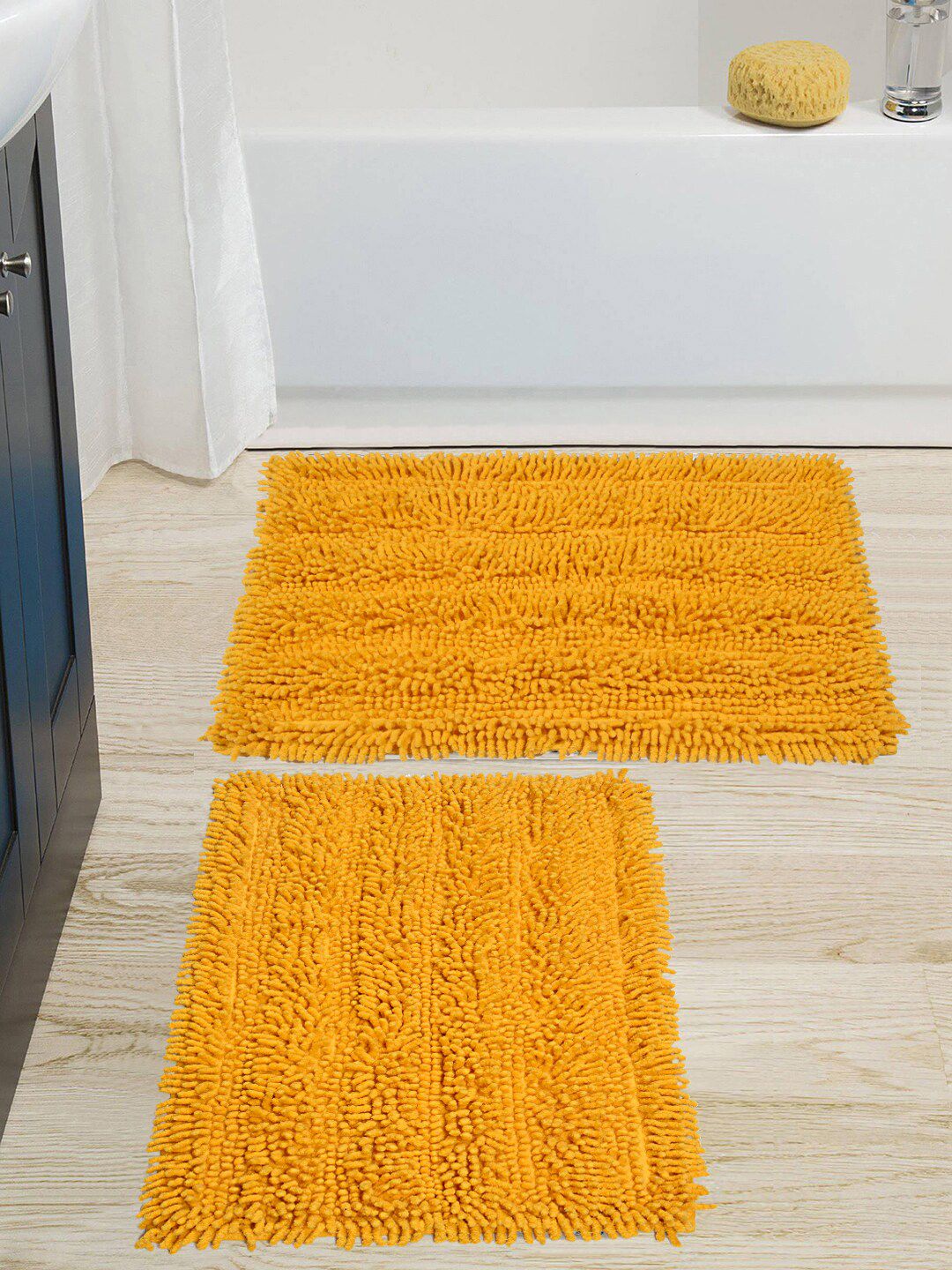 Saral Home Yellow Set of 2 Solid Cotton 1666 GSM Shaggy Bath Mats Price in India