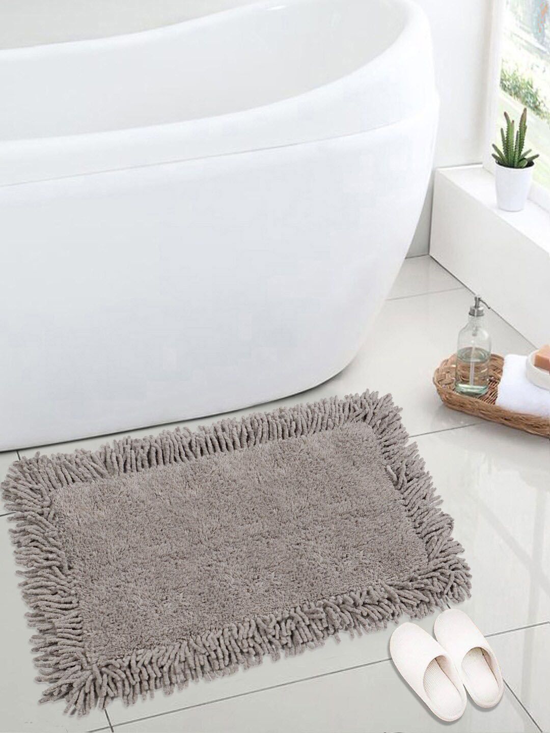Saral Home Grey Solid Cotton Shaggy Bath Mat