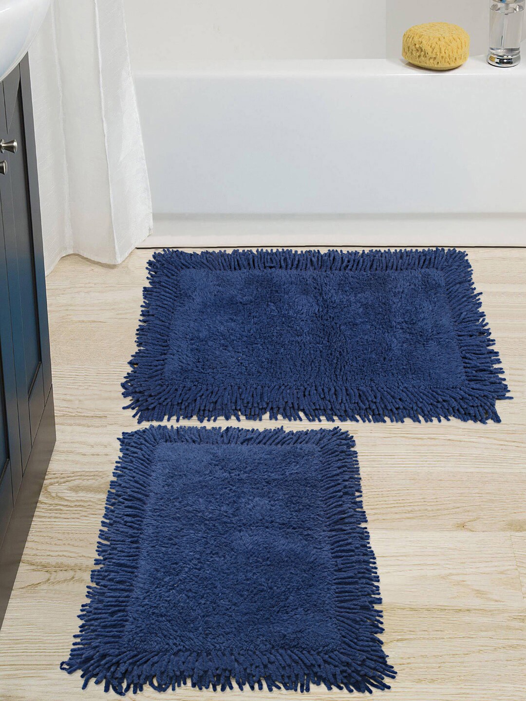 Saral Home Blue Set of 2 Solid Cotton 1666 GSM Shaggy Bath Mats Price in India