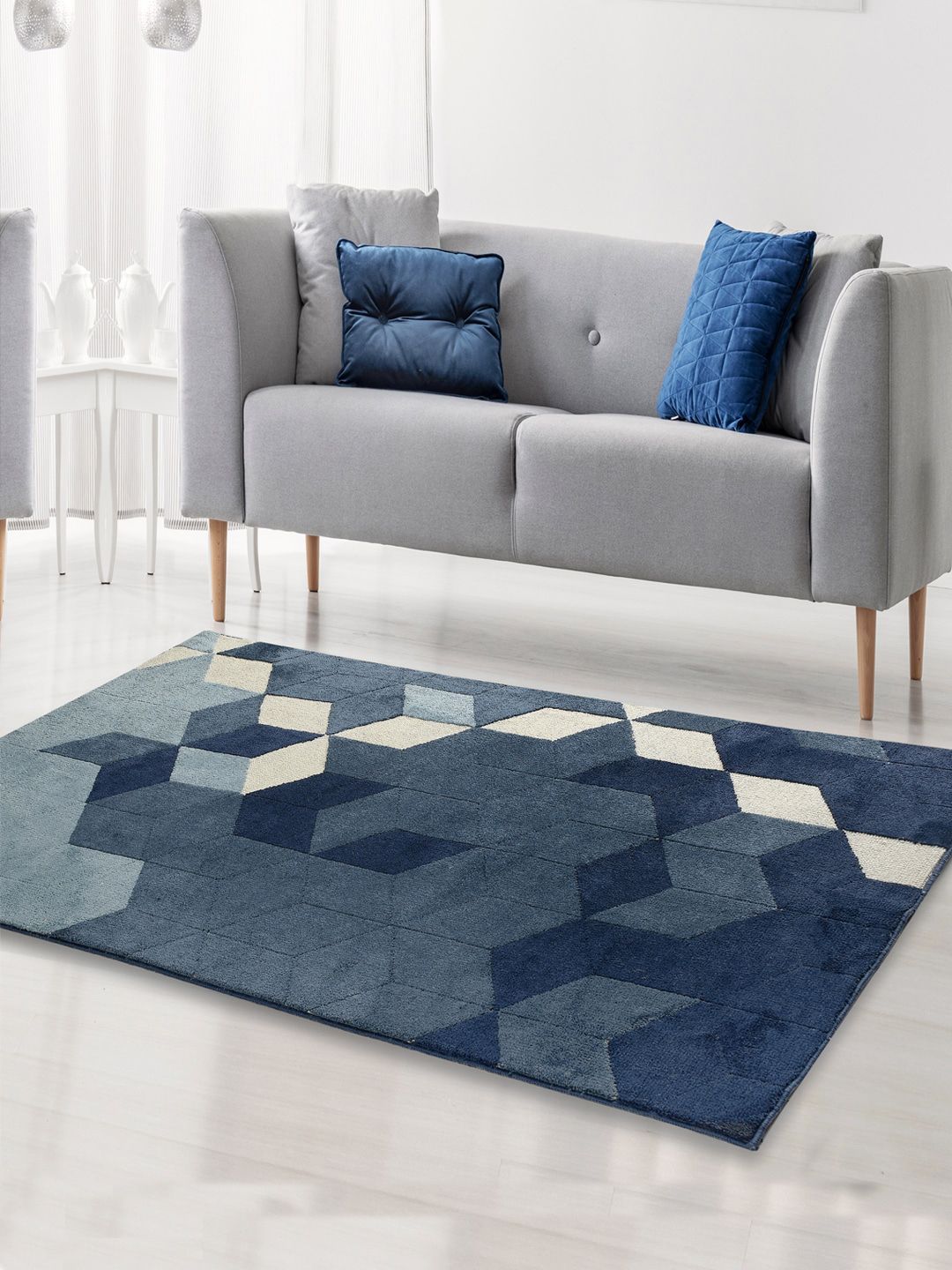 Saral Home Blue & Beige Geometric Carpet Price in India