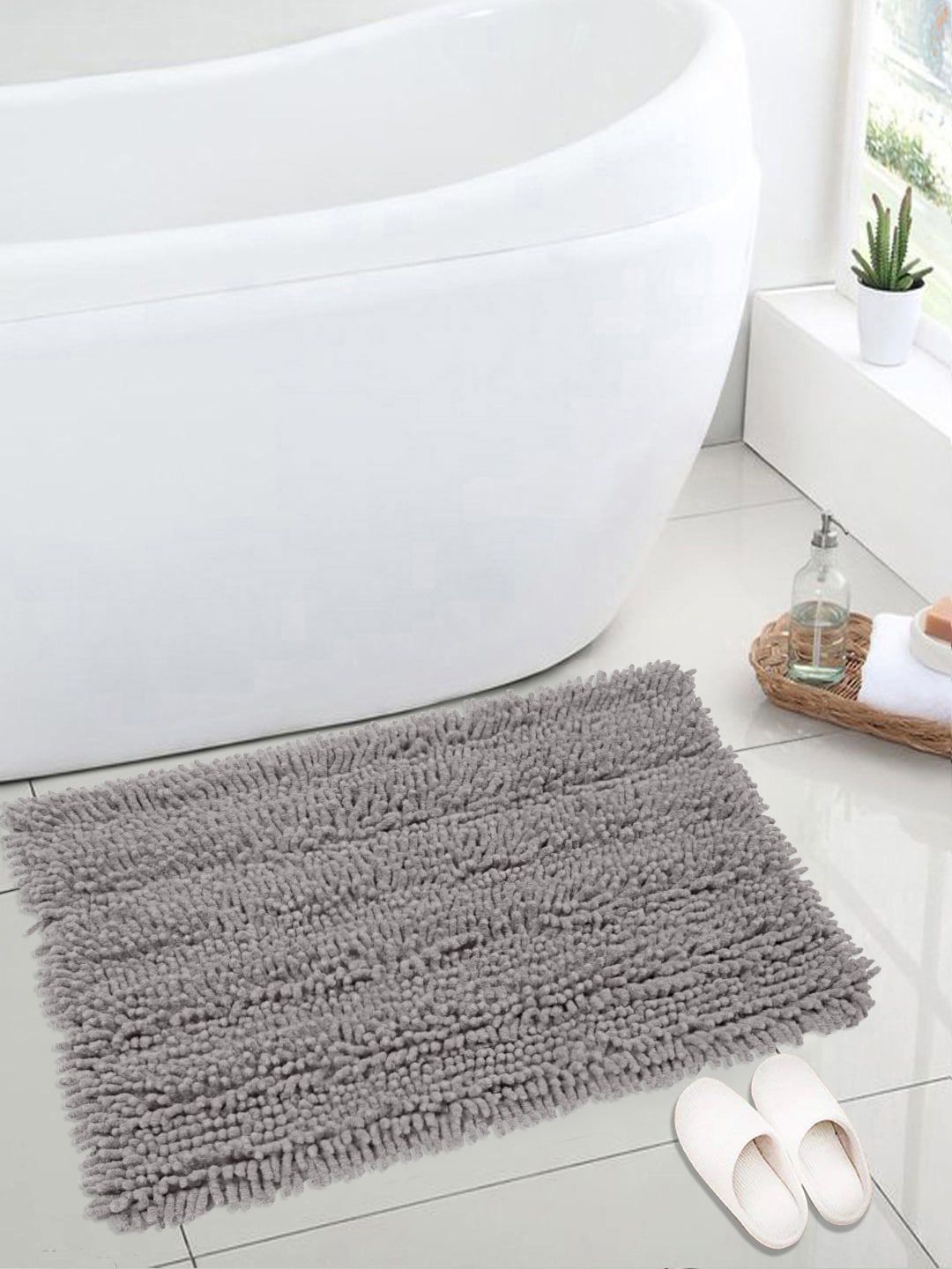 Saral Home Grey Solid Cotton 1666 GSM Shaggy Bath Mat Price in India