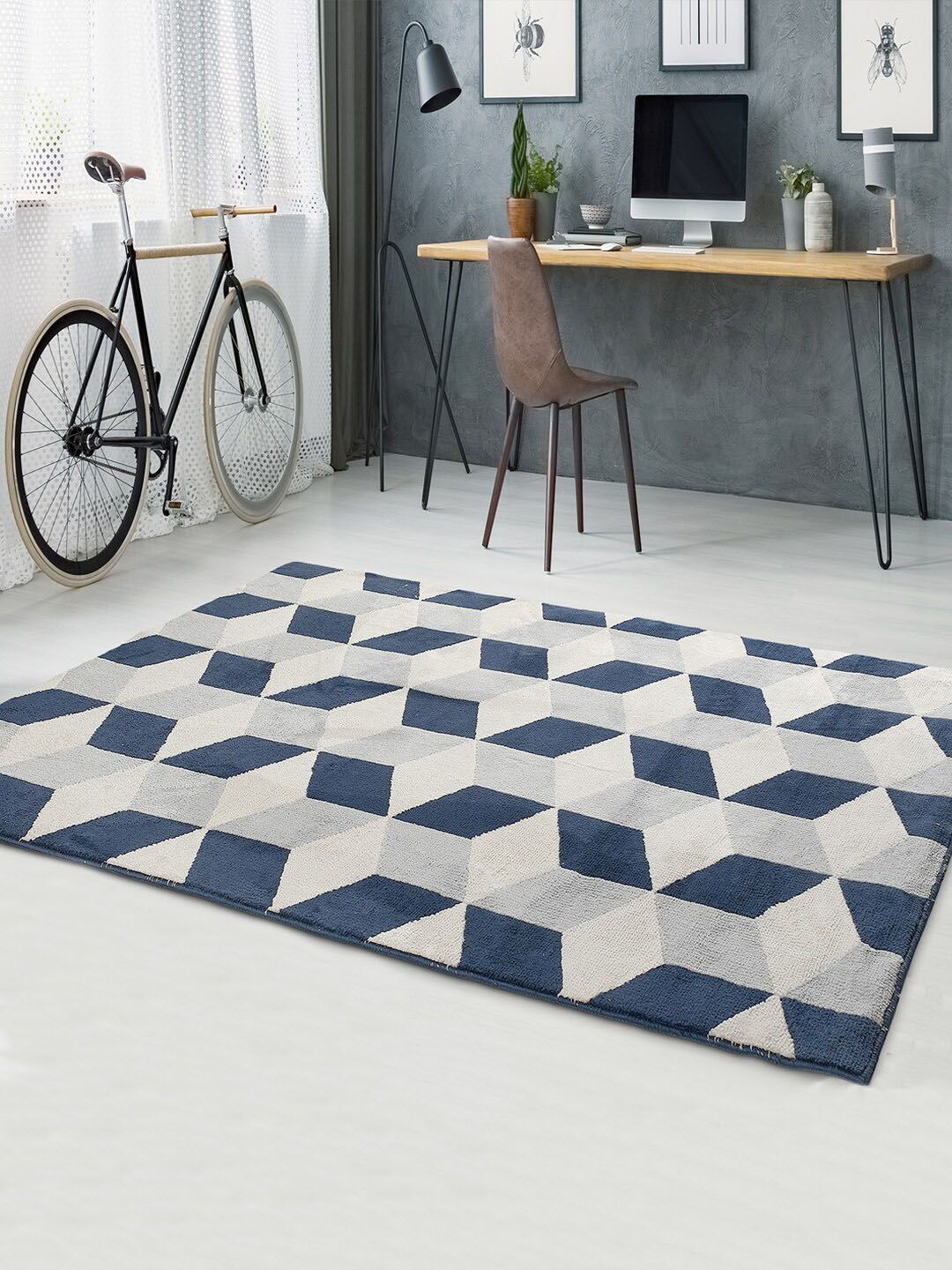 Saral Home Blue & Off White Geometric Cotton Carpet Price in India