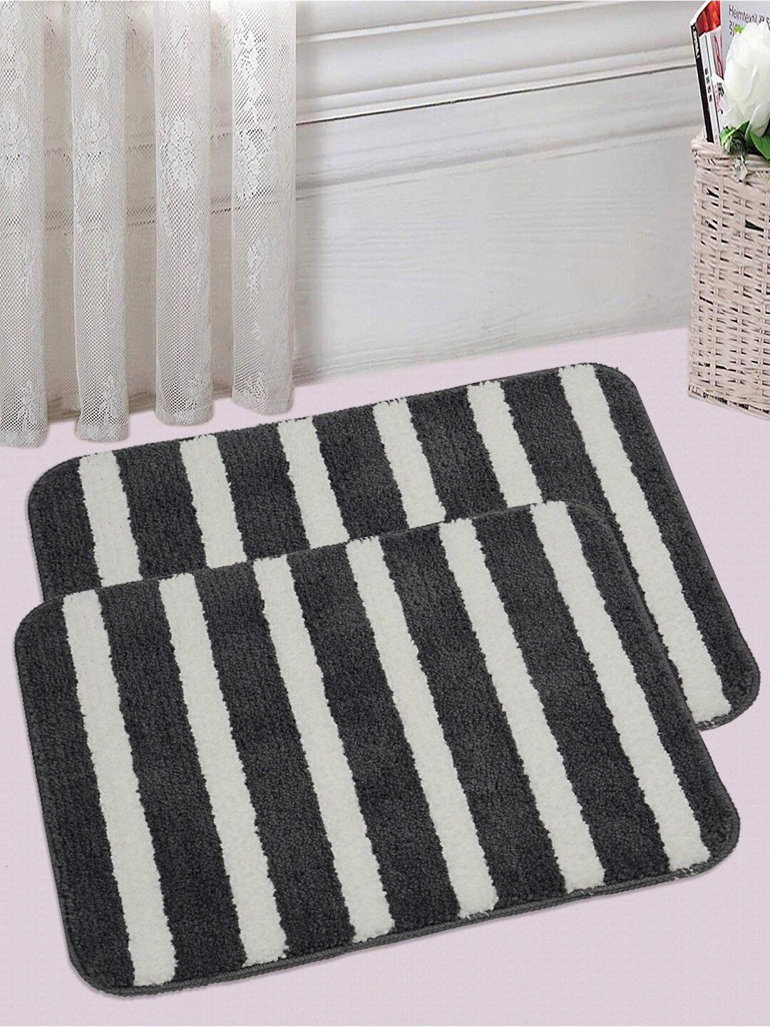 Saral Home Set Of 2 Grey & White Striped 833 GSM Microfiber Bath Mats Price in India