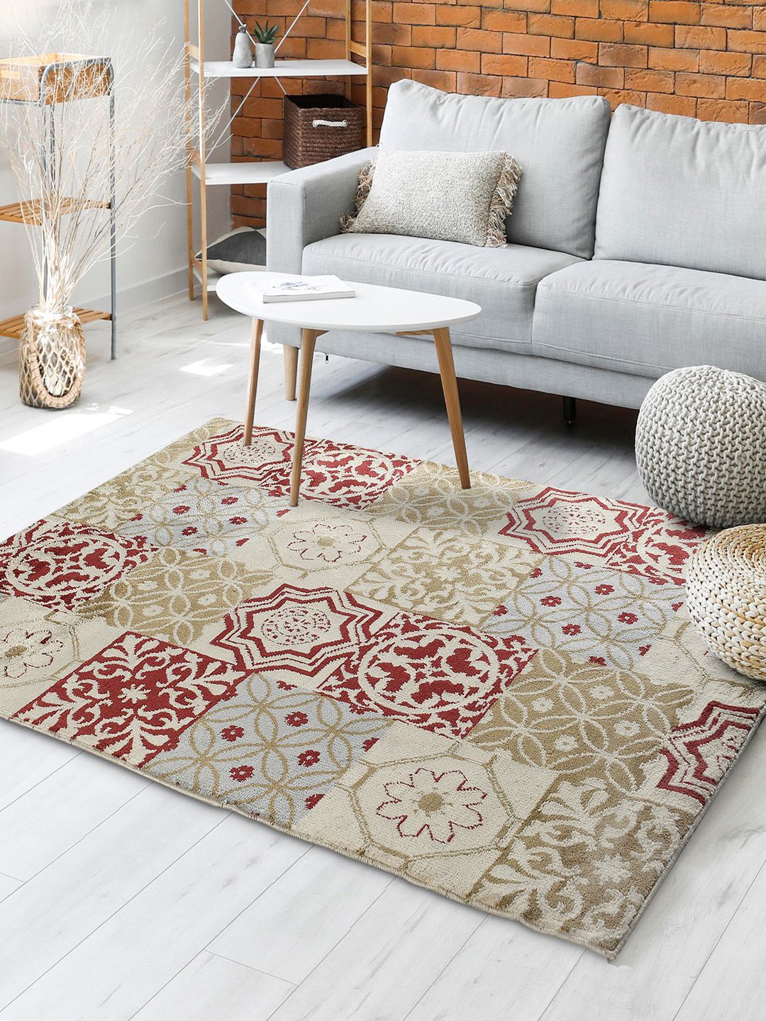 Saral Home Beige & Maroon Geometric Carpet Price in India