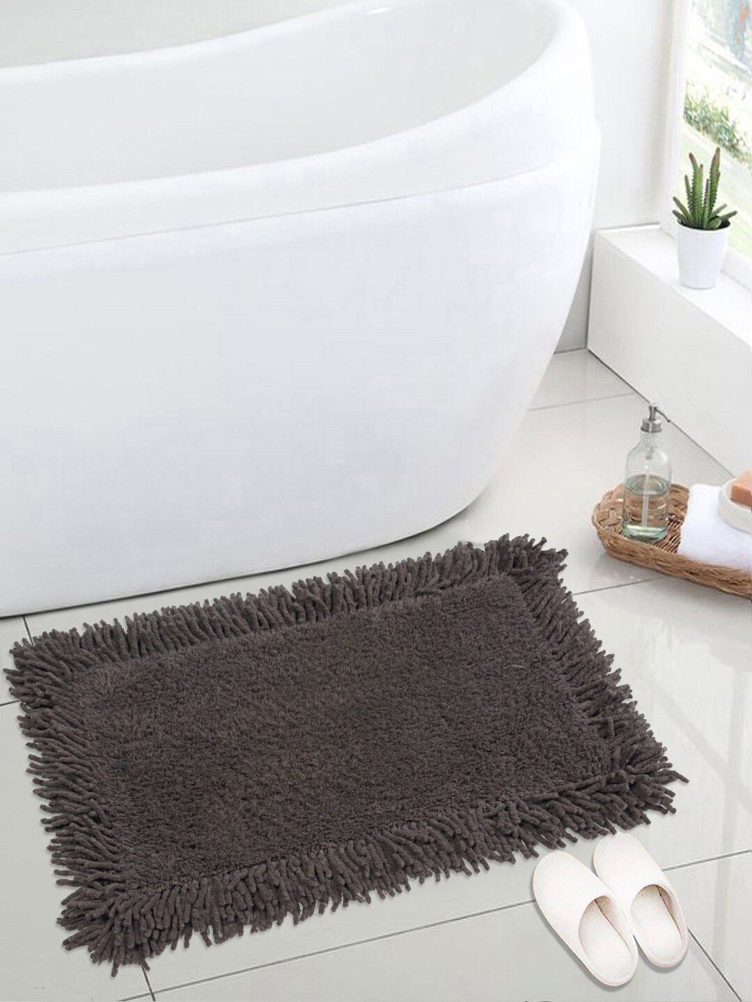 Saral Home Grey Solid Cotton 1666 GSM Shaggy Bath Mat Price in India