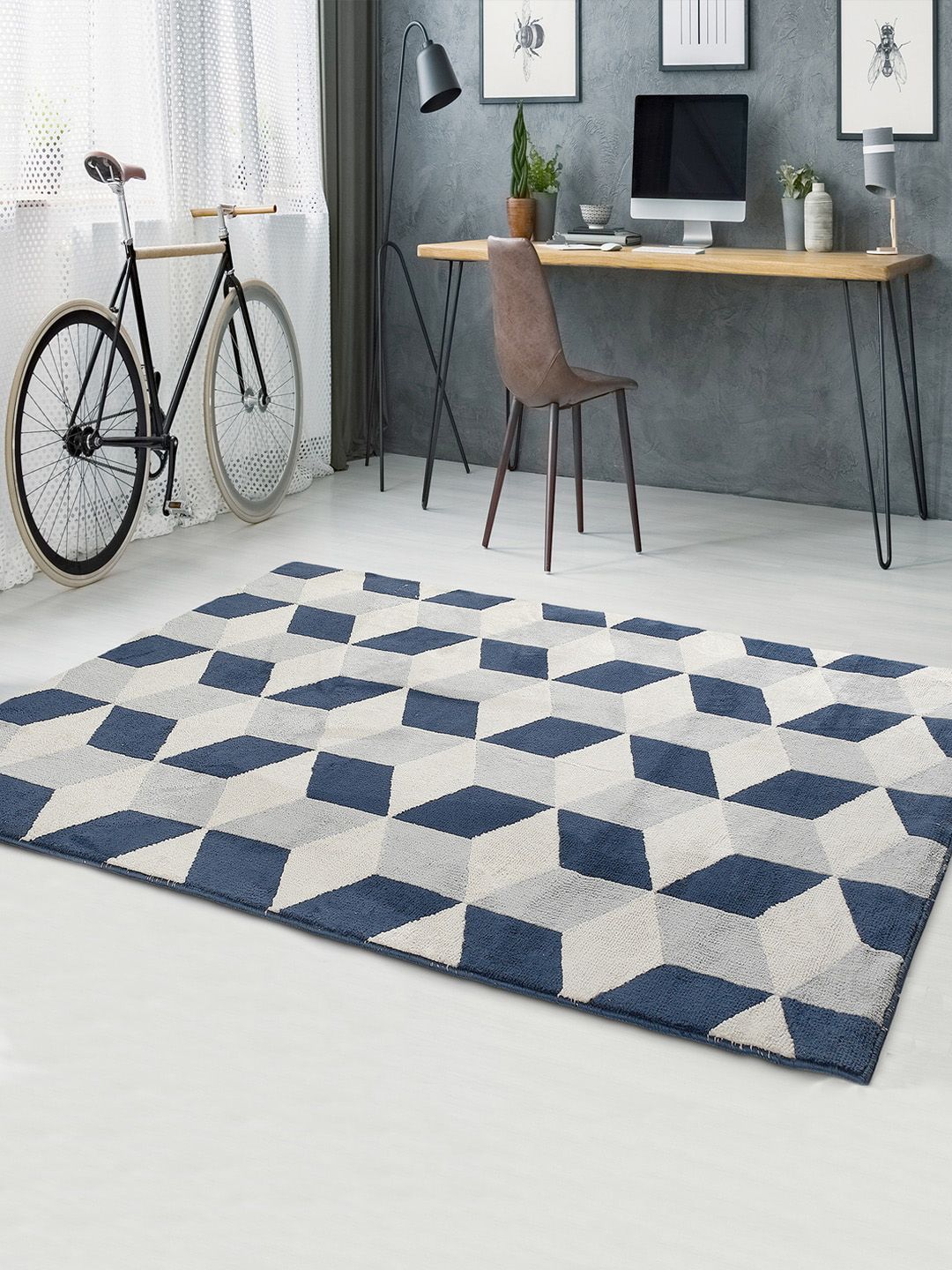 Saral Home Blue & Off White Geometric Cotton Carpet Price in India