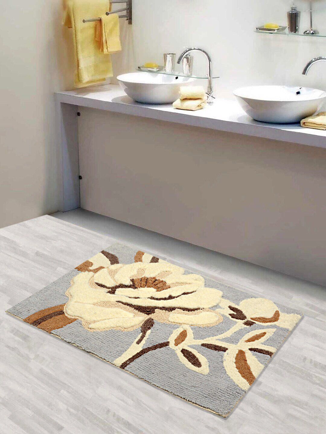 Saral Home Beige & Grey Printed 1500 GSM Cotton Bath Mat Price in India