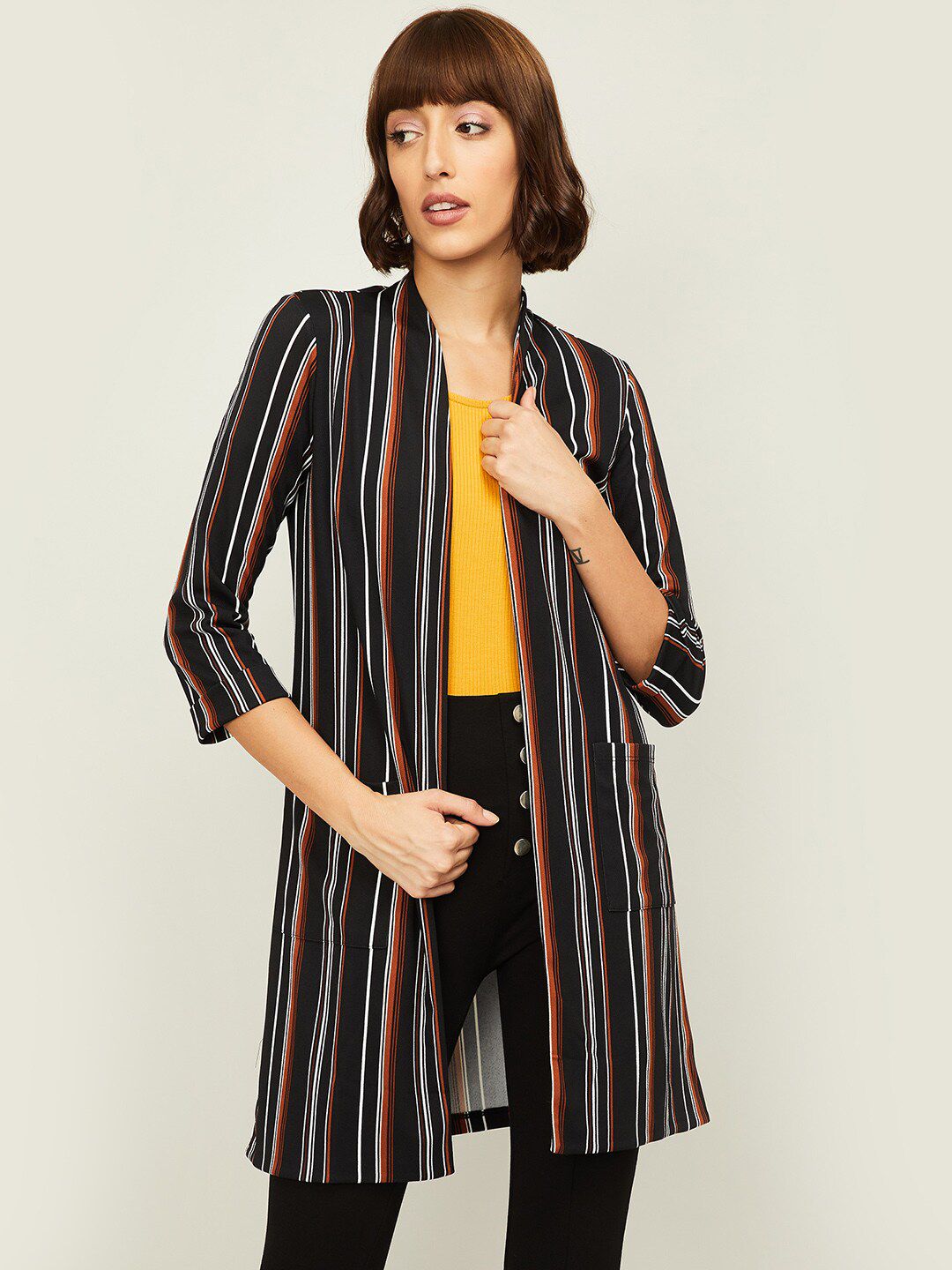 CODE by Lifestyle Women Black & Brown Striped Shrug Price in India