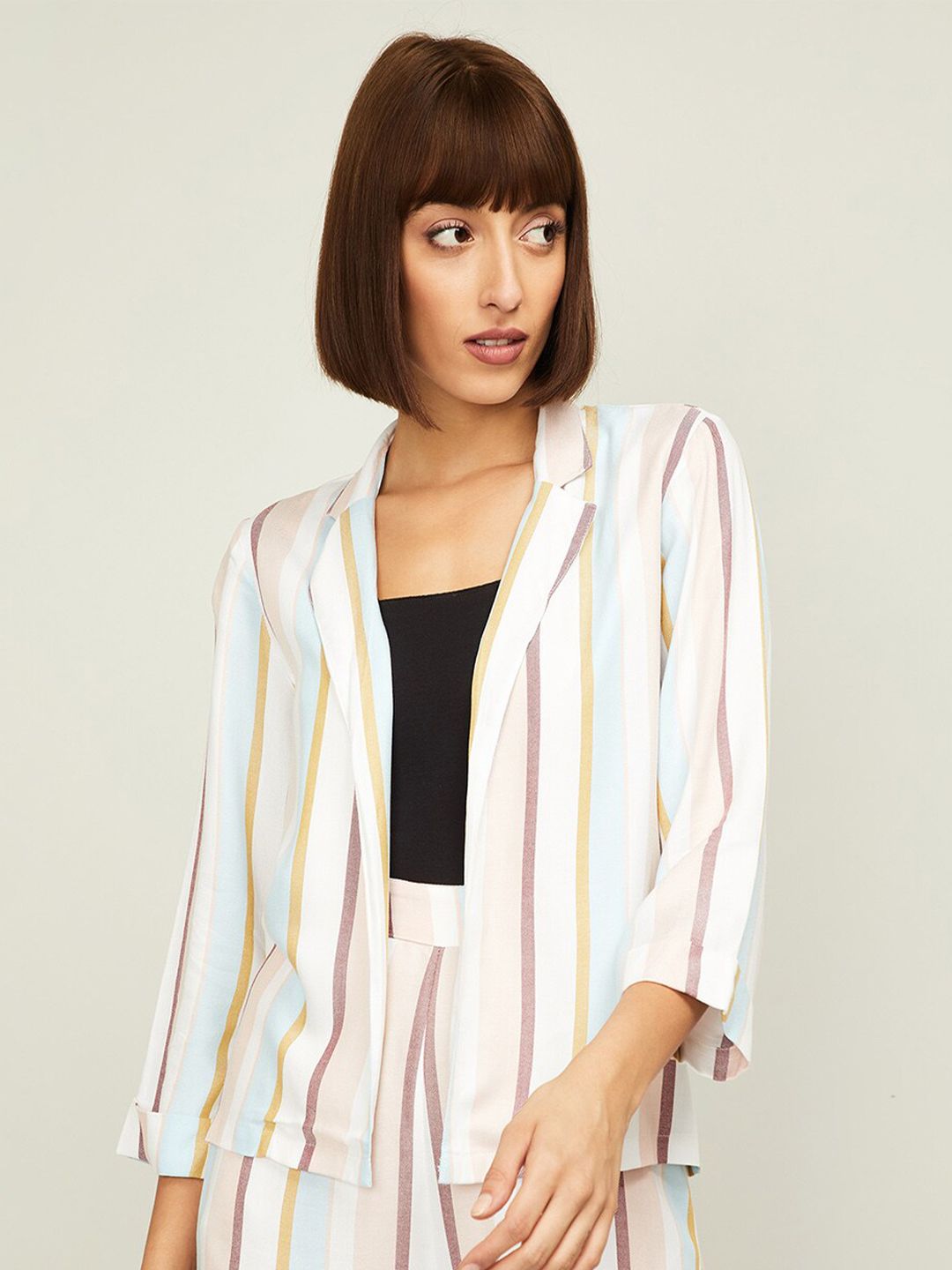 CODE by Lifestyle Women Off White & Multicoloured Striped Shrug Price in India