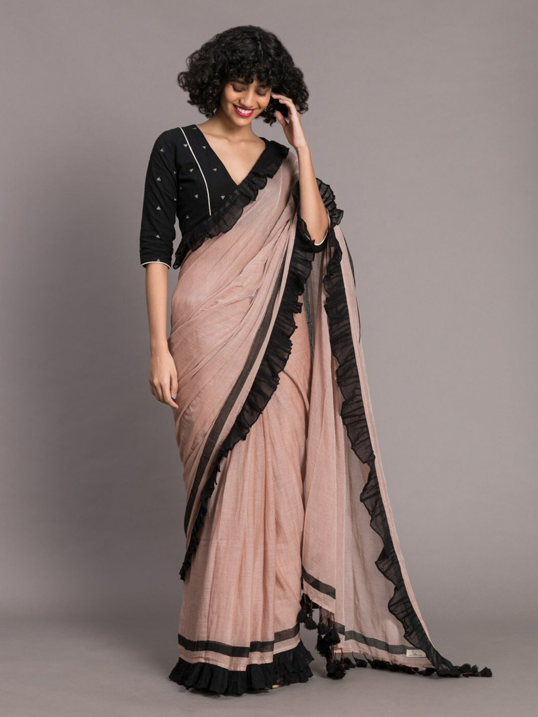 Suta Beige & Black Pure Cotton solid Ruffle Saree