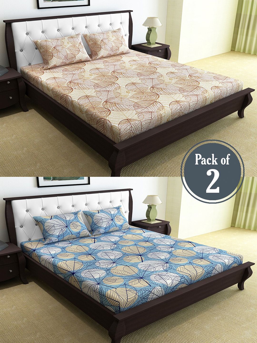 Divine Casa Khaki & Blue Floral 144 TC 2 Queen Bedsheet with 4 Pillow Covers Price in India