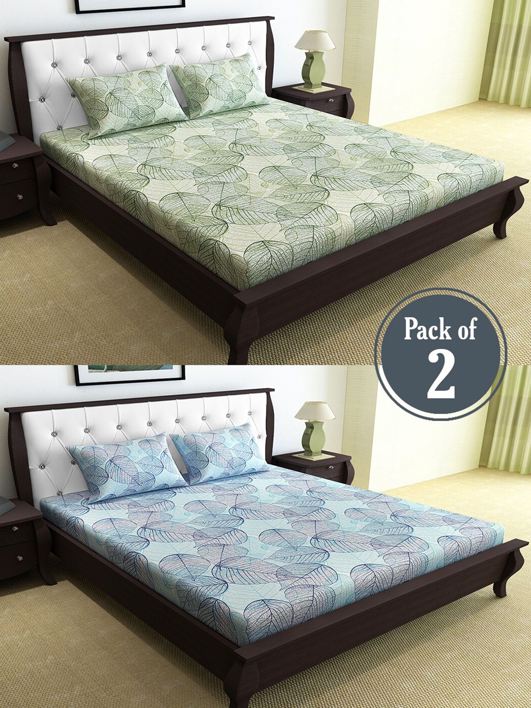 Divine Casa Grey & Blue Floral 144 TC 2 Queen Bedsheet with 4 Pillow Covers Price in India