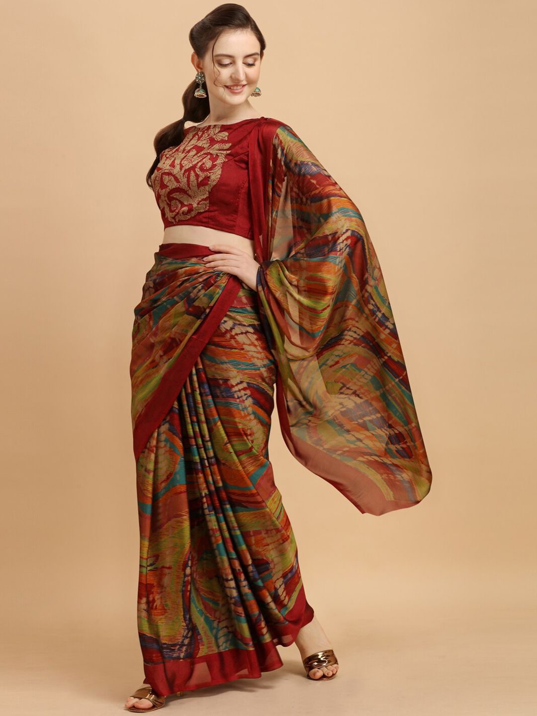 Tikhi Imli Maroon & Green Tie & Dye Saree
